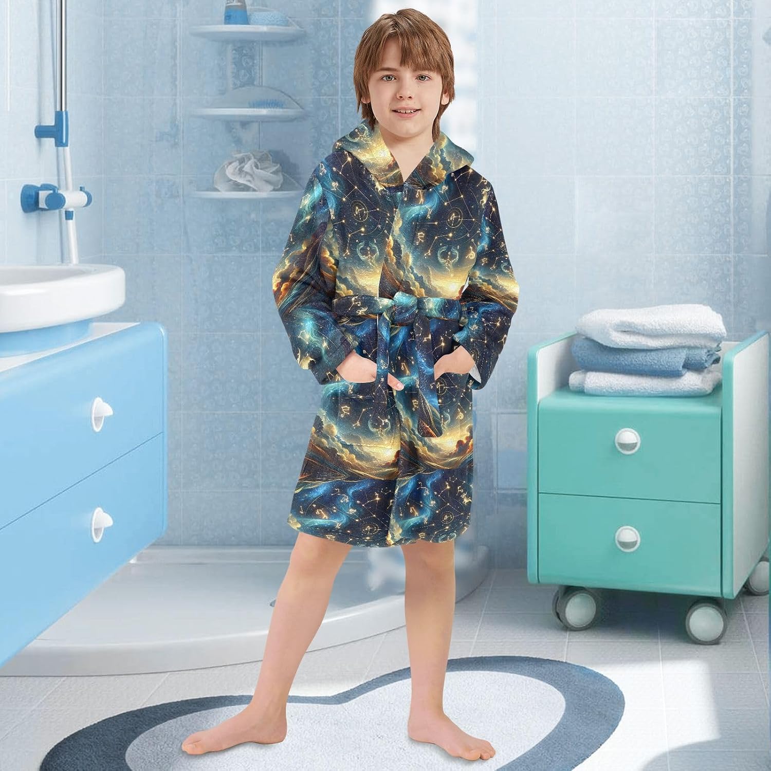 senya Twelve Zodiac Stars Toddler Hooded Bathrobe Kids Soft Plush Bath Towel Robes for Boys Girls 2-12 Years