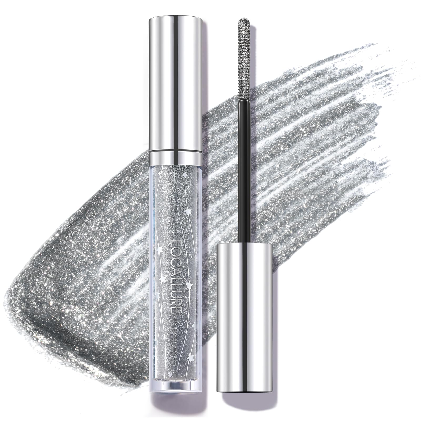 FOCALLURE Star Drifter Glitter Mascara Topper, Long Lasting Quick Dry Soft Gel, Classic Silver Shimmer Finish, SV02 COMETARY BRUST