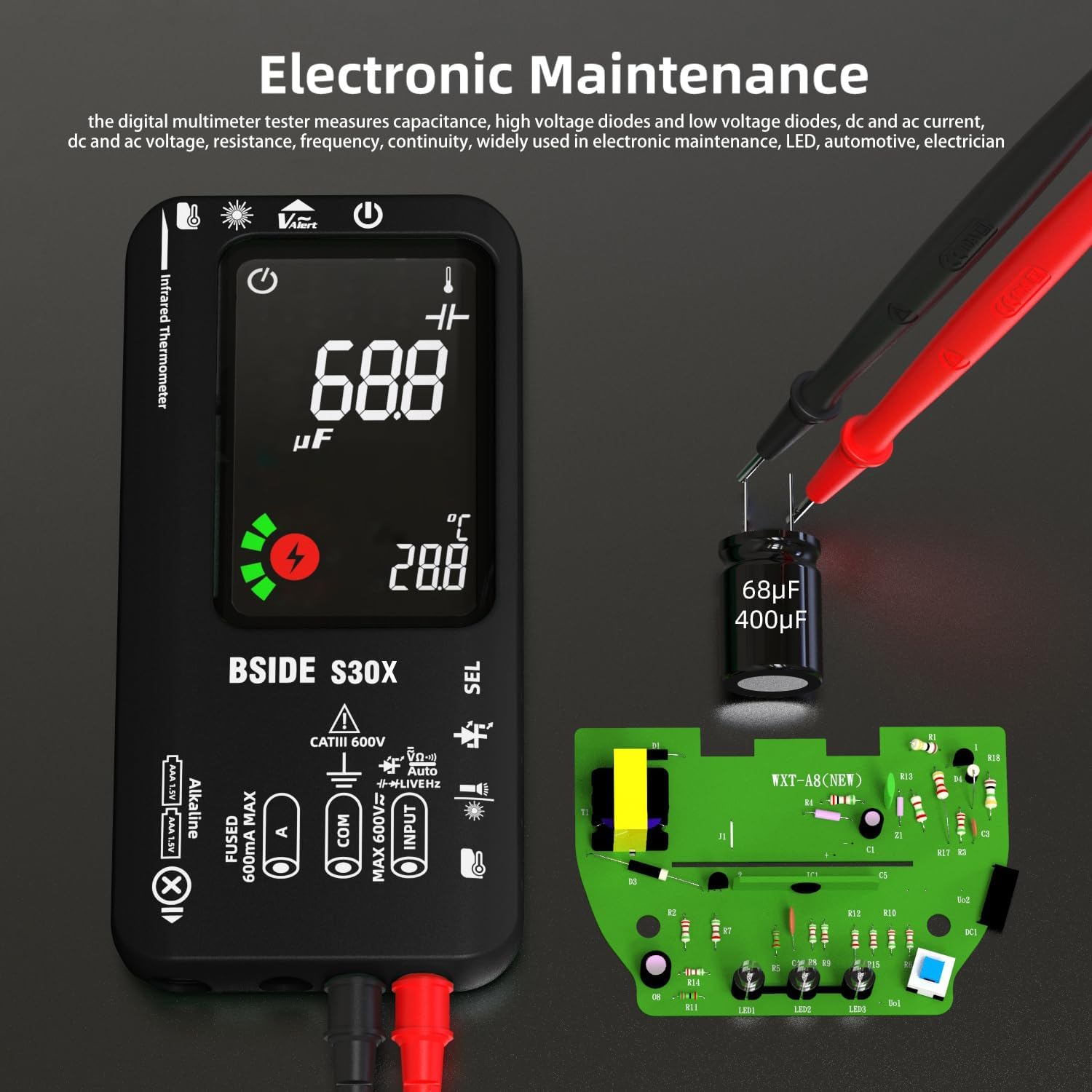Kit Multimètre Numérique et Stylo Testeur Électrique BSIDE S30X+X1 Multimètre Intelligent et Détecteur de Tension Sans Contact avec Pince Crocodile pour Électricien Électronique LED Automobile
