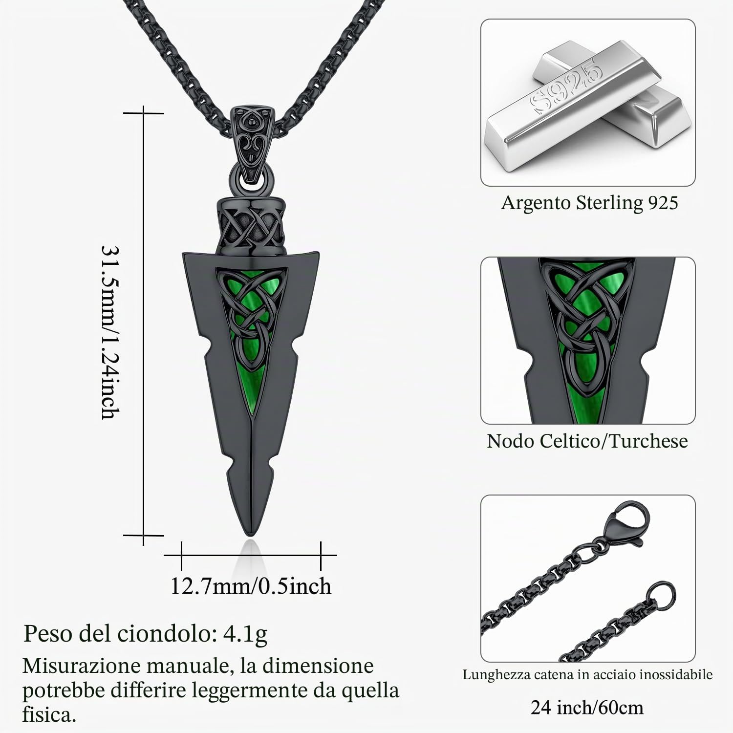 Collana Vichingo, Martello di Thor/Odino/Valknut/Corvo di Ciondolo in argento sterling 925, Collana Rune Nordiche Gioielli Amuleto Regali per Uomini Donne