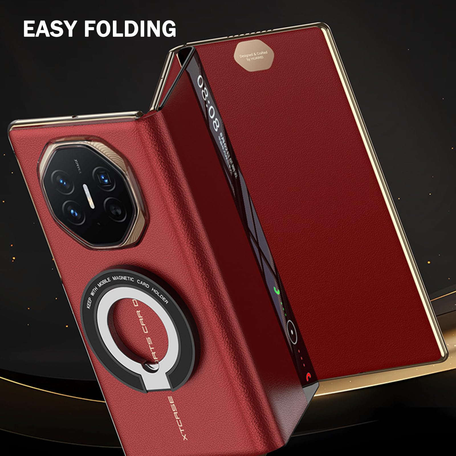 Etui na Huawei Mate XT, magnetyczny skórzany pokrowiec odpinany uchwyt pierścieniowy podpórka osłona ochronna funkcja widoku okna luksusowe etui biznesowe, czerwone, Mate XT