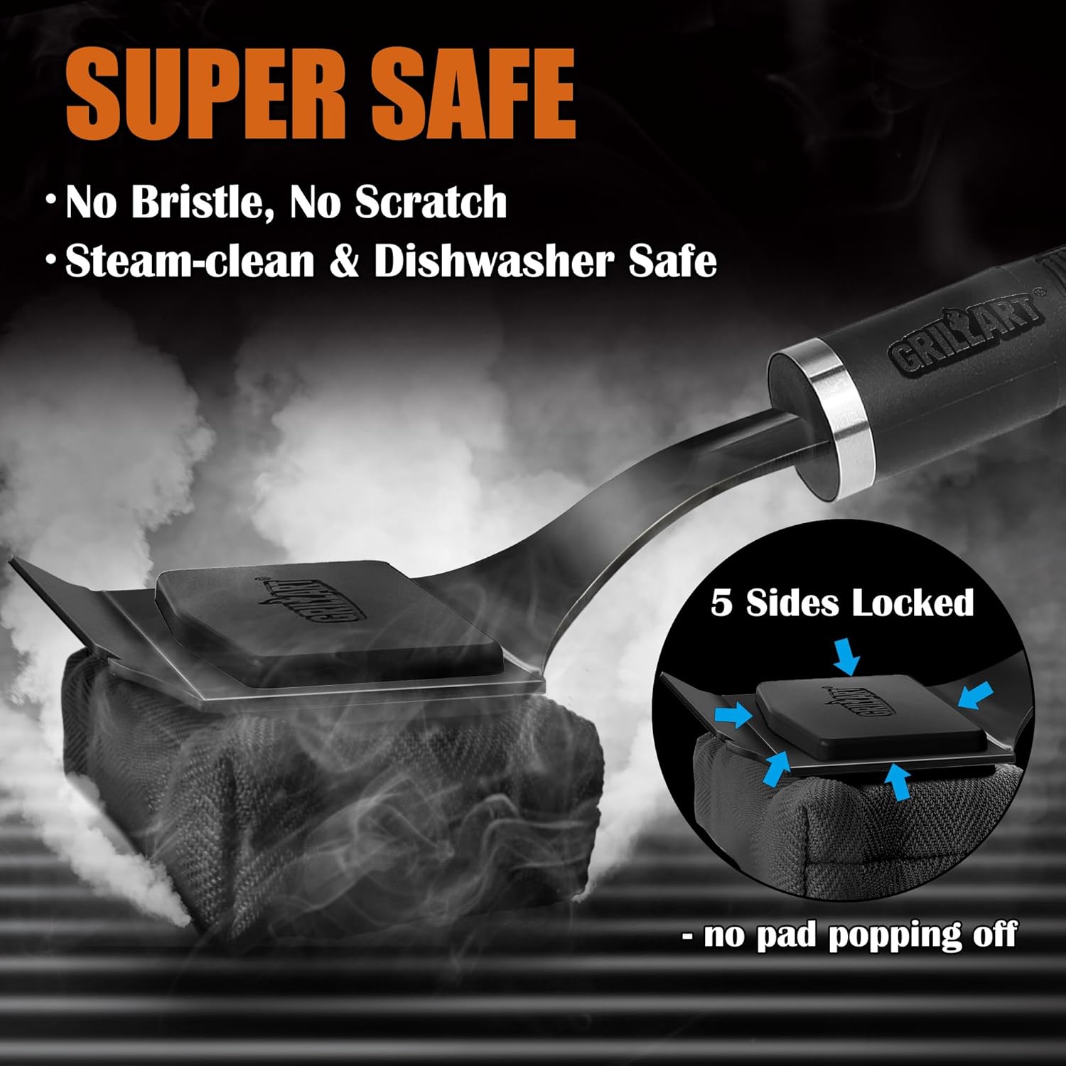 GRILLART Grill Brush Bristle Free - Safe 17" Long Handle with Built-In Solid Scraper - Steam Clean Stubborn Grease Replaceable Head - Reinforced BBQ Accessories for All Grate Types - Gifts for Men Dad