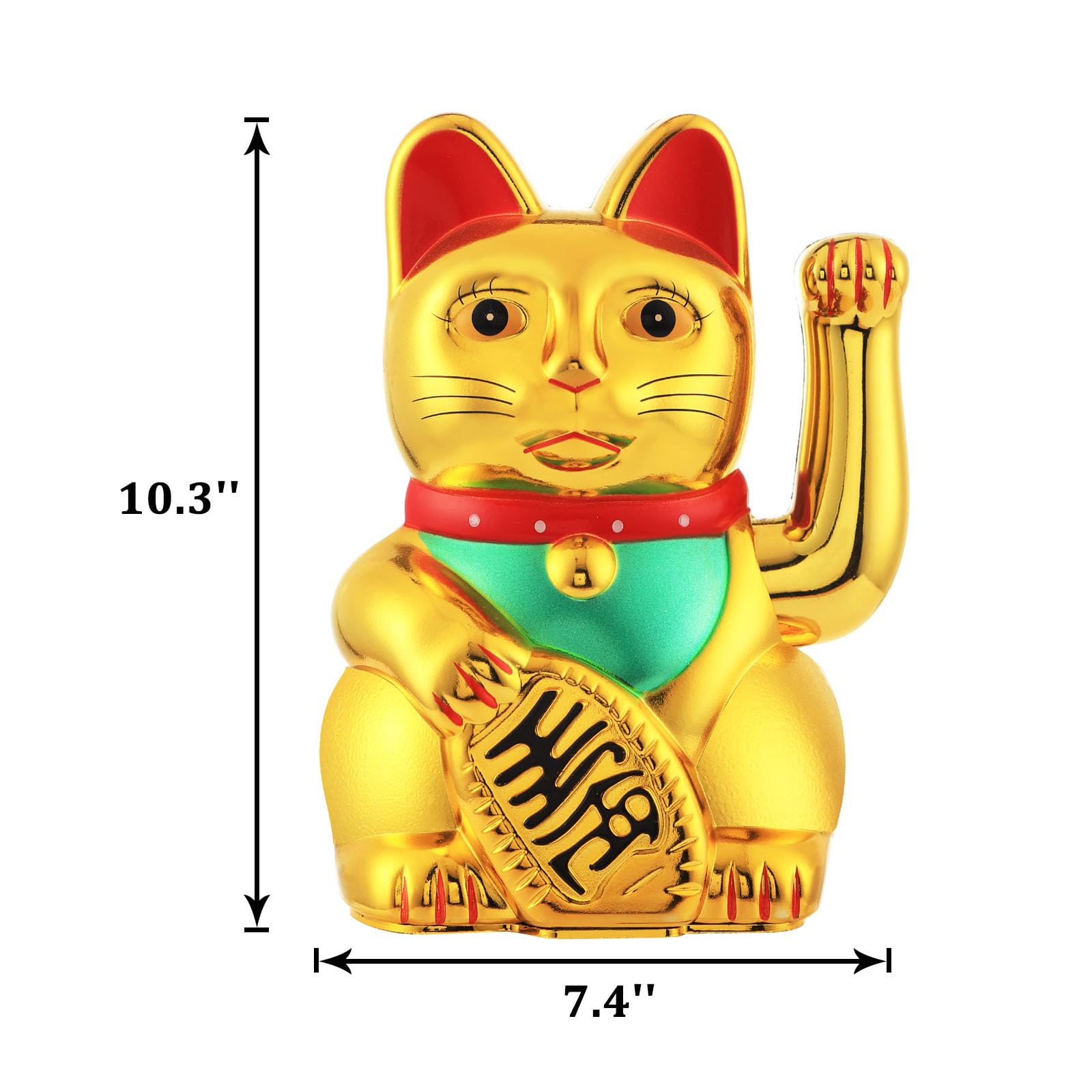 IBWell Maneki Neko - Gato de la suerte de Maneki Neko, dorado y negro, con brazo ondulante, funciona con pilas, para dinero de la fortuna y buena suerte (dorado, 10 pulgadas)