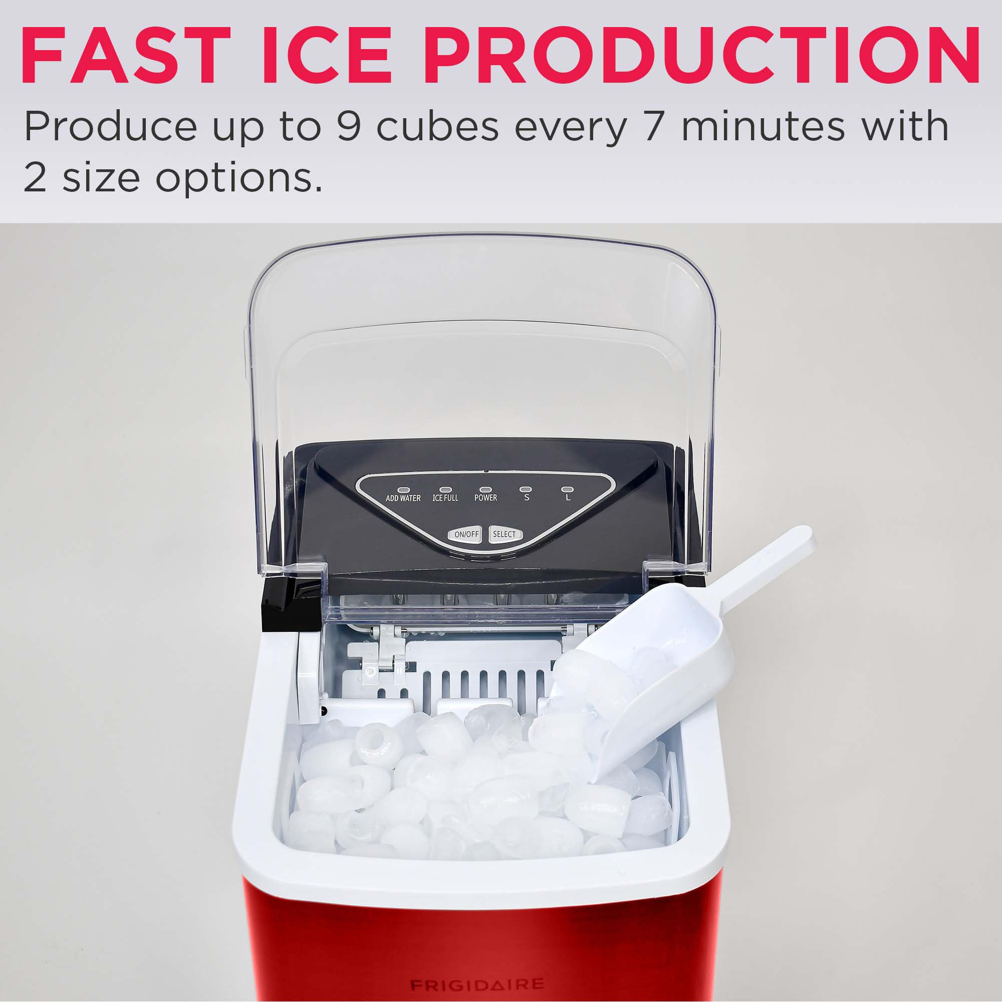 Frigidaire Compact Countertop Ice Maker, 26lbs of Ice per Day, Red Stainless on Fridge.com