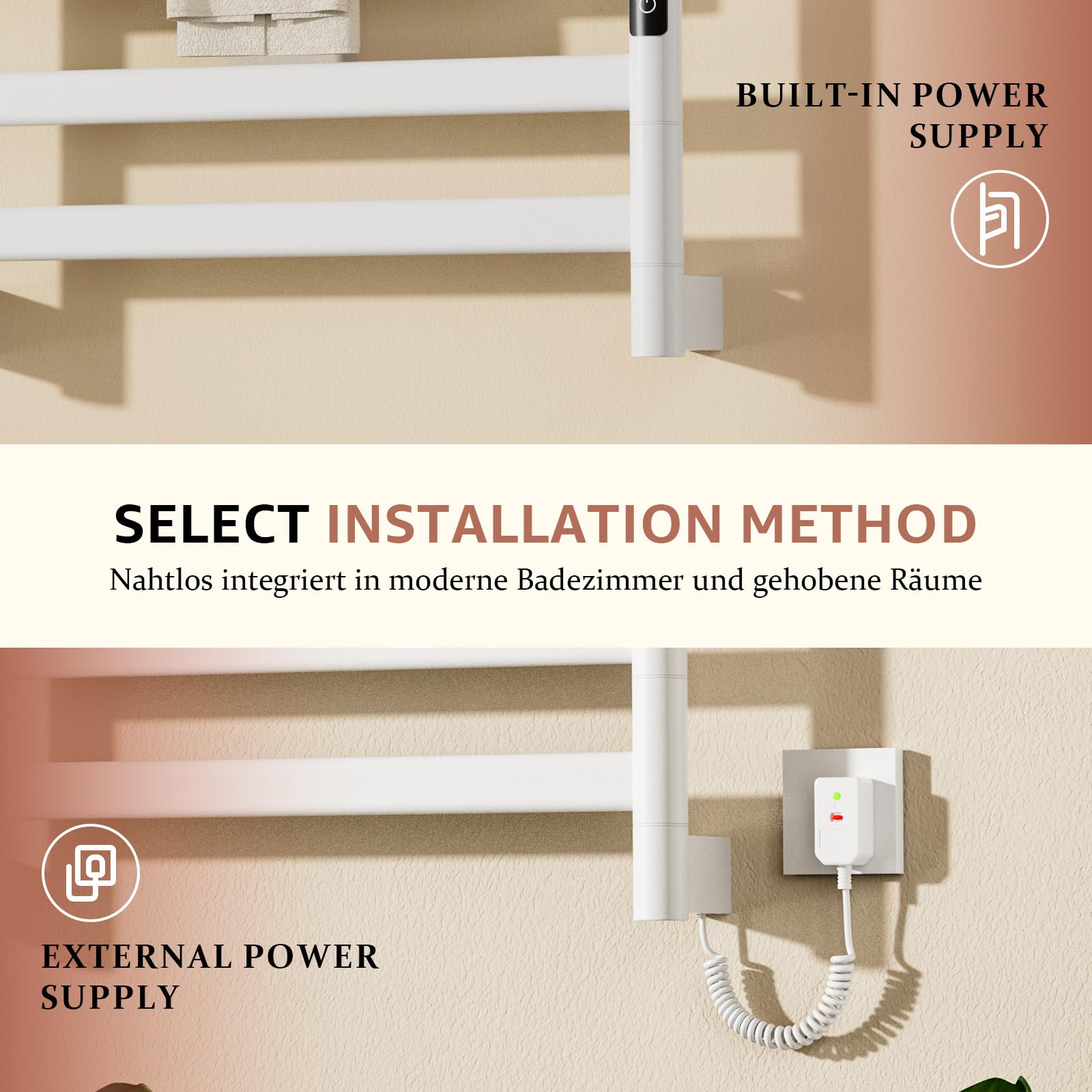 Handtuchheizkörper Elektrisch 180° Drehung 66 x 55cm, 360 W, Badheizkörper Weiß mit Digitaler Bildschirm, Handtuchtrockner Elektrisch mit Timer Und Thermostat 30-70℃, Lagerregal, IPX4