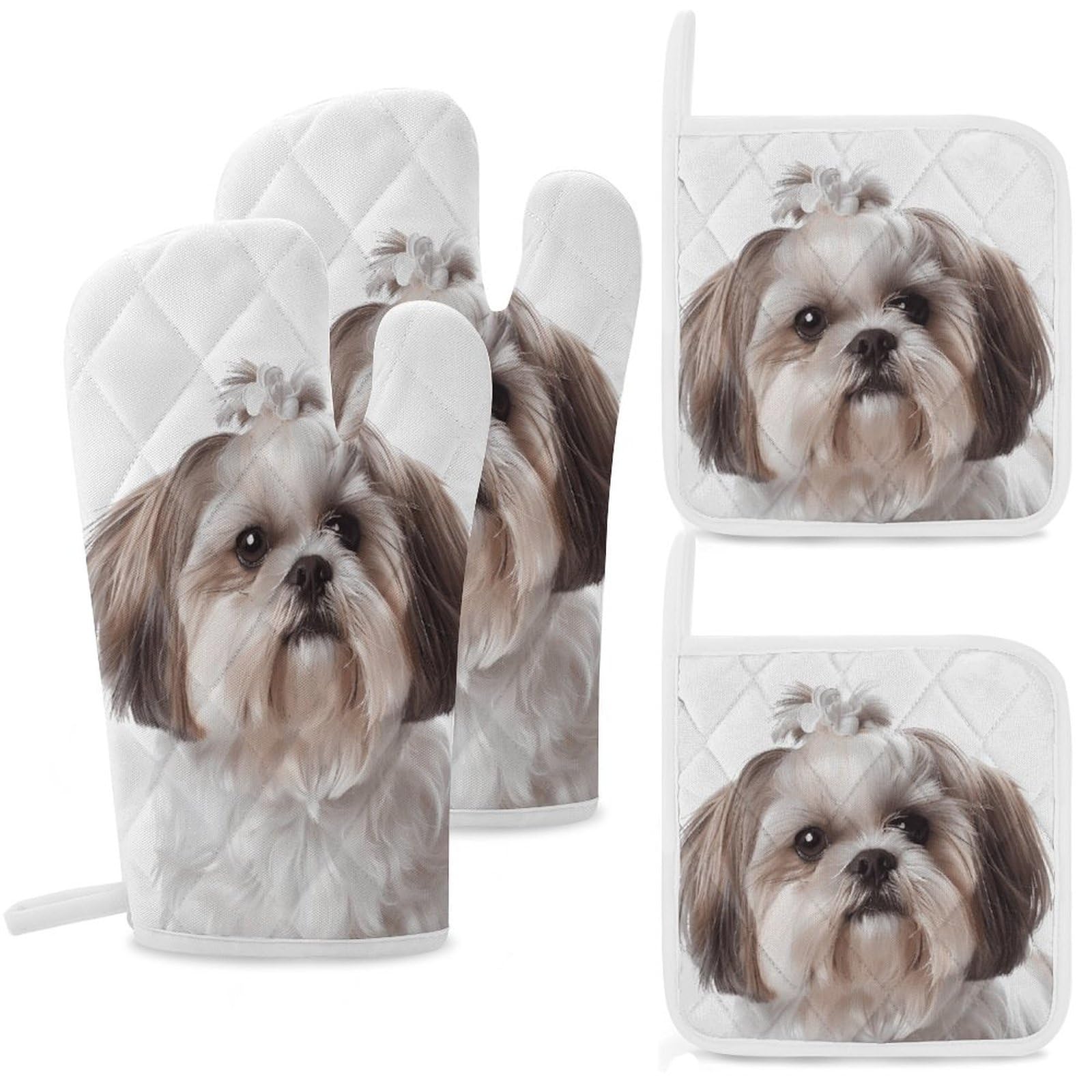 Shih Tzu Dog Oven Mitts and Pot Holders Sets Heat Resistant Oven Glove with Hanging Loop for Baking Cooking BBQ Thicken Potholders for Kitchen