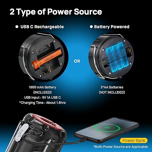 Miniatura 2 de Consciot - Paquete de 4 linternas LED plegables para campamento, recargable por USB C y funciona con pilas, luz de emergencia 2 en 1 con linterna y