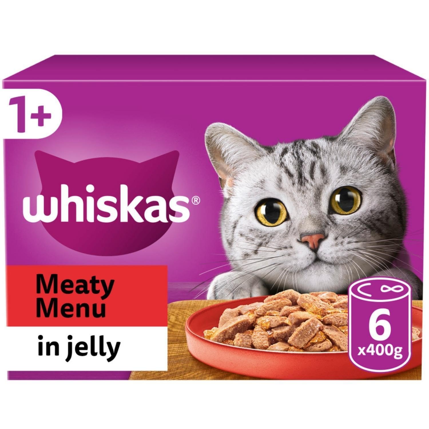 48 x 400g Whiskas 1+ Adult Wet Cat Food Tins Mixed Meaty Menu in Jelly
