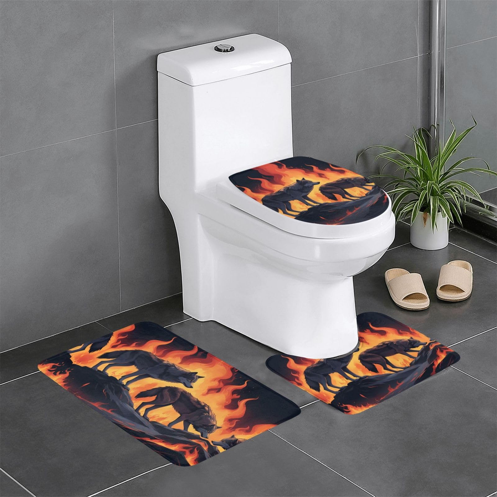 Tapis de bain loup en flammes : lot de 3 tapis sécurité anti-glissade pour salle d'eau