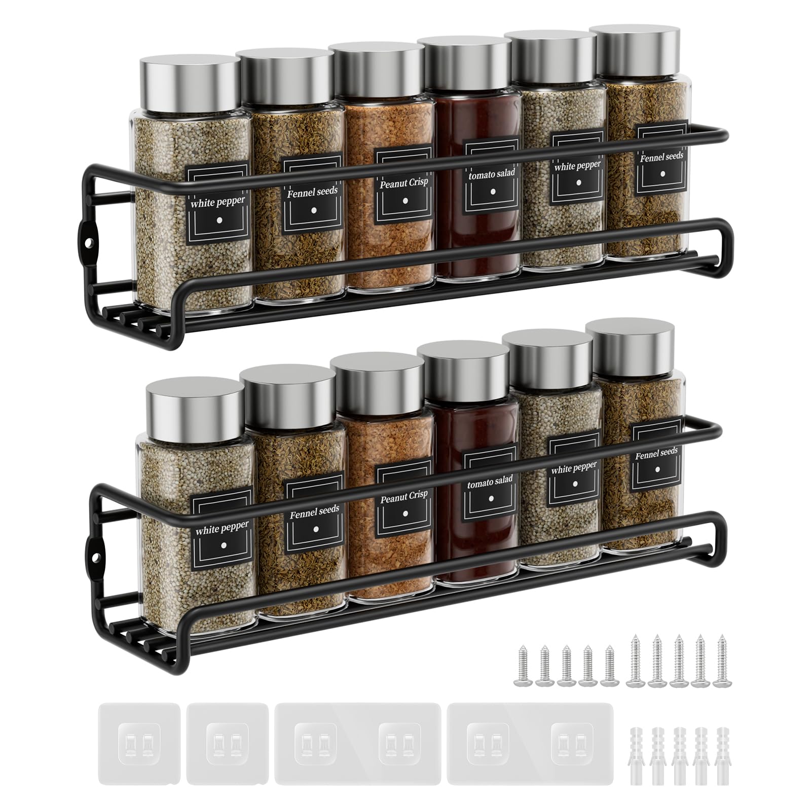 Estefanlo Spice Rack Wall Mounted, 2 Pack Spice Rack for Inside Cupboard, Adhesive Spice Organiser Kitchen Cupboard Organiser