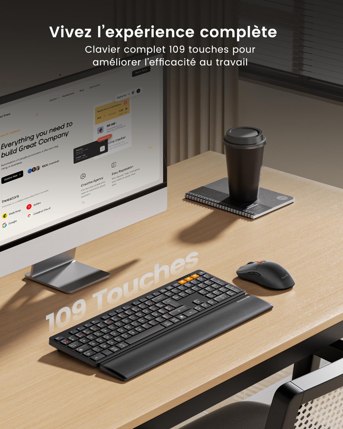 ProtoArc KM60 Pack Clavier Bluetooth Souris sans Fil, Rechargeable | avec Repose-Poignet, Pleine Taille, AZERTY Français, 2,4G + 2*Bluetooth, pour Portable, PC, Mac, Windows - Noir