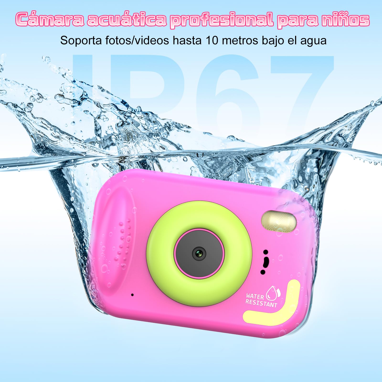 Camara Fotos Infantil, 1080P Cámara Acuática Niños, 10M/32.8FT Cámara Impermeable para Niños con Pantalla de 2,4”, Tarjeta de 32GB, Flash LED, Regalo para Niños y Niñas de 3-12 Años