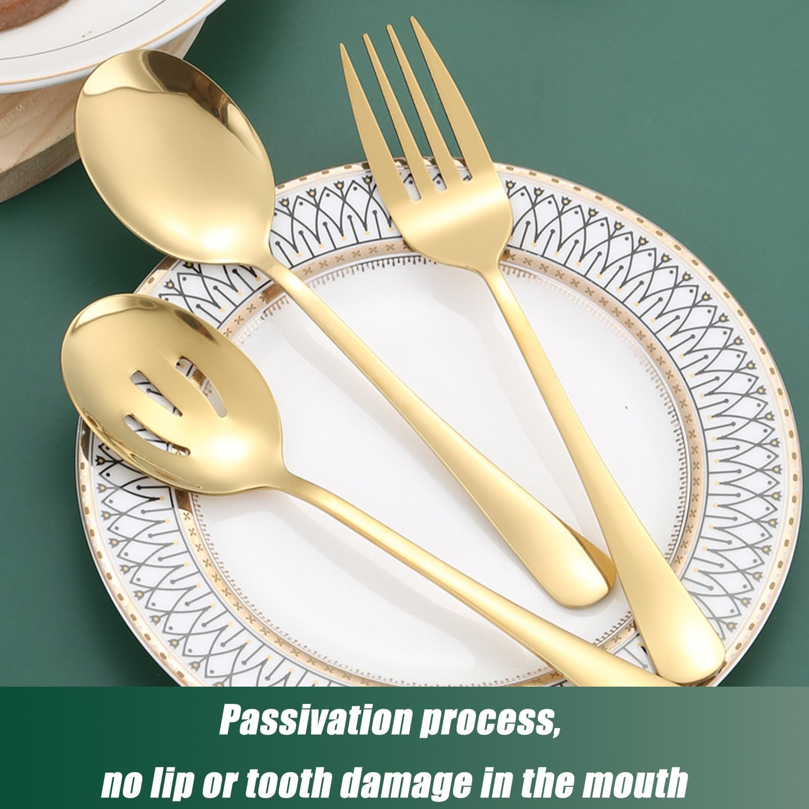 6 Pcs Golden Serving Spoons Set Forks Slotted Stainless Steel Catering Serving Utensils for Kitchen Party Buffet Banquet Cooking