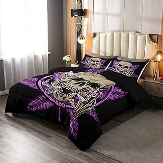 Erosebridal Cannabis Leaves Comforter Set, Marijuana Leaves Weed Bedding Set Queen Size, Sugar Skull Duvet Set for Kids Teens Adult, Skeleton Bones Bedding Comforters for Bedroom, Black Purple