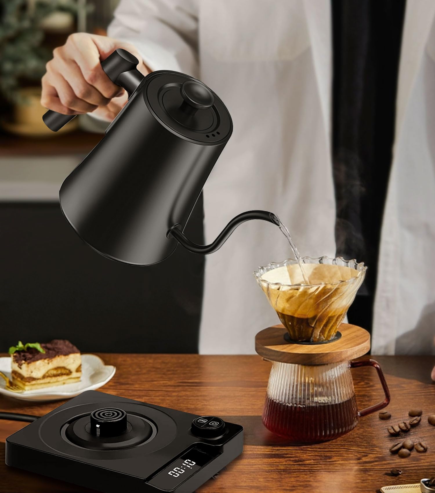 Elektrischer Wasserkocher Schwanenhals, Edelstahl Schwanenhalskessel Wasserkocher mit Temperatureinstellung, Warmhaltefunktion, LED-Anzeige für Spezialitätenkaffee und Tee, Schwarz, 1L, 1200W