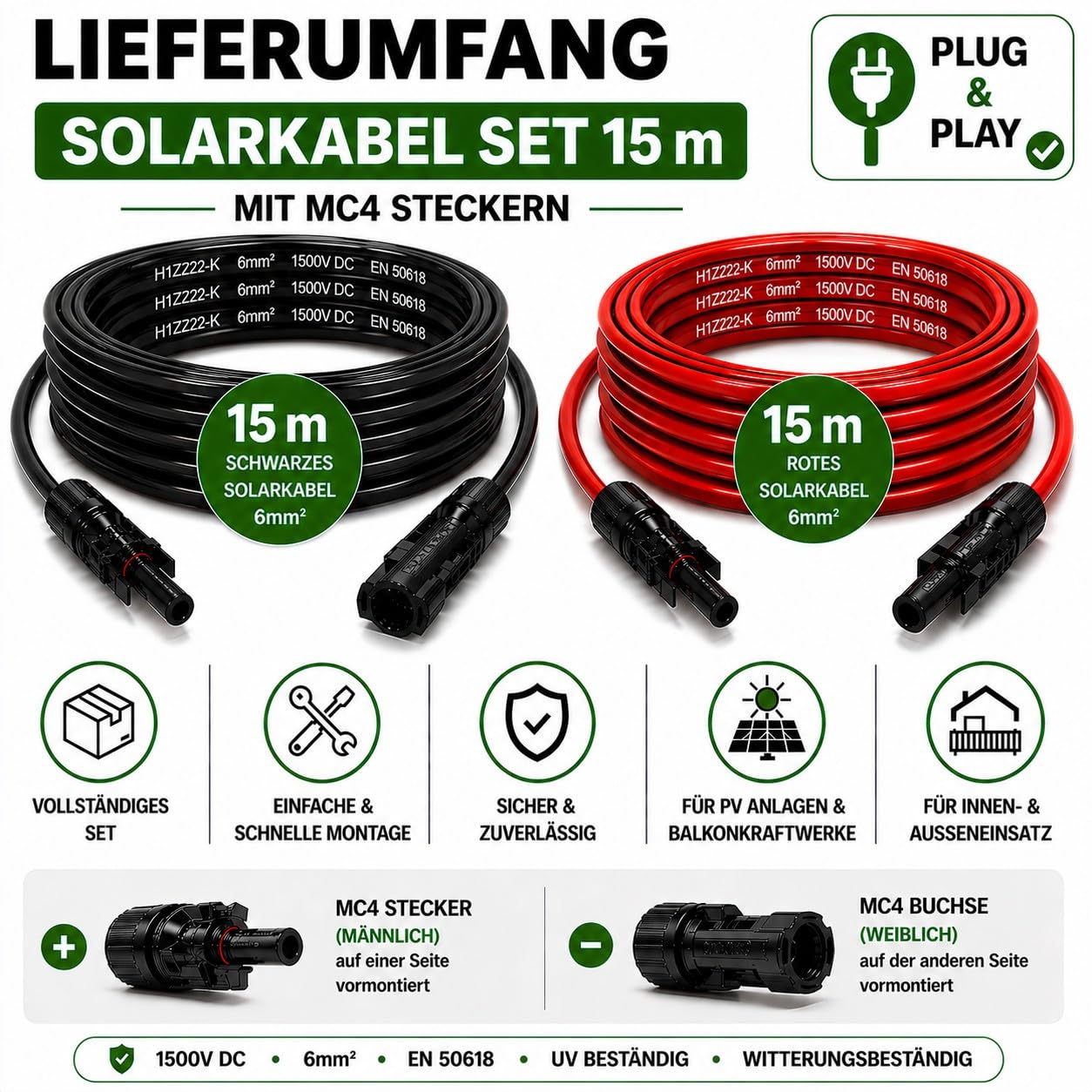 35Fahrenheit Solarkabel 6mm2 PV Kabel 2x15m rot/schwarz Photovoltaik Kabel mit Stecker Solarleitung 6mm2 Balkonkraftwerke