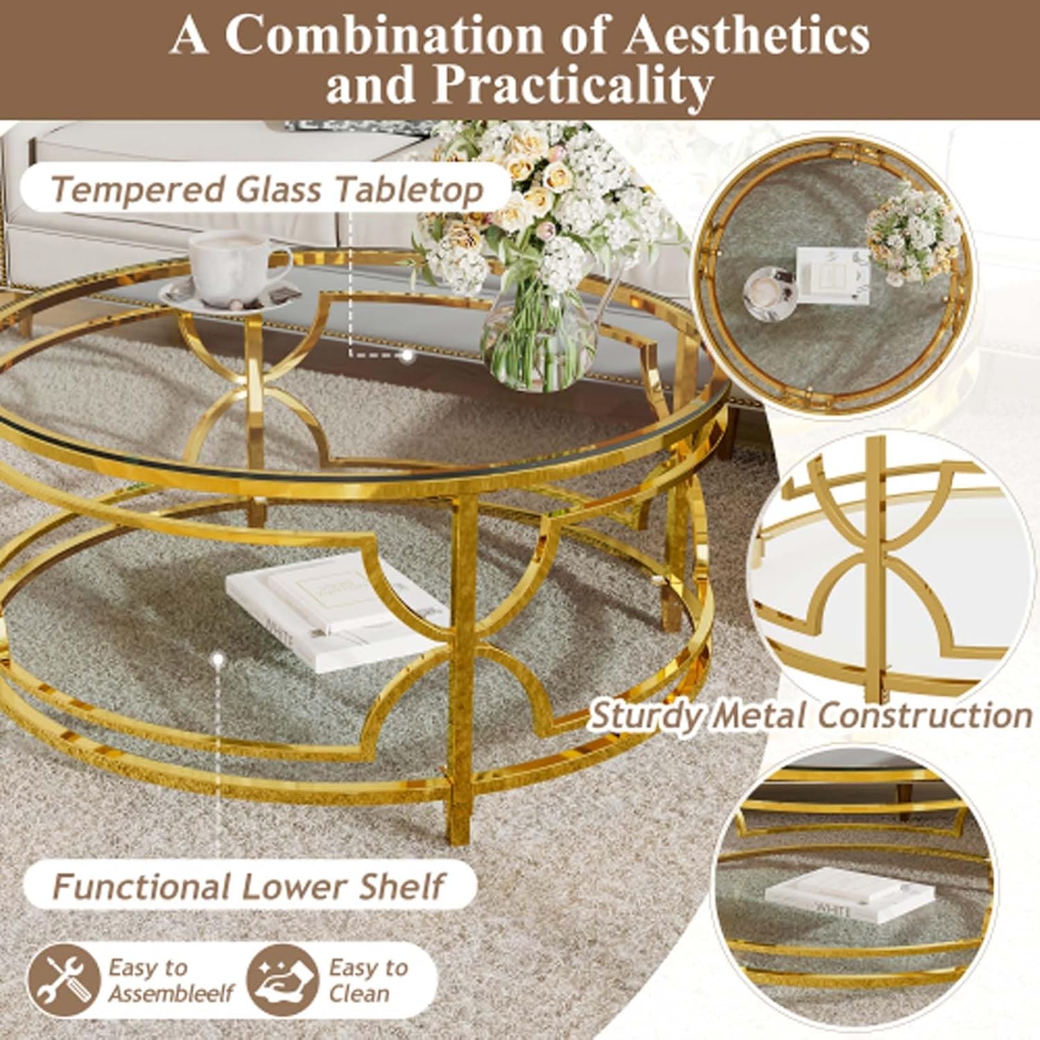 Gold Round Coffee Table Glass Top Living Room Essential(Clear)