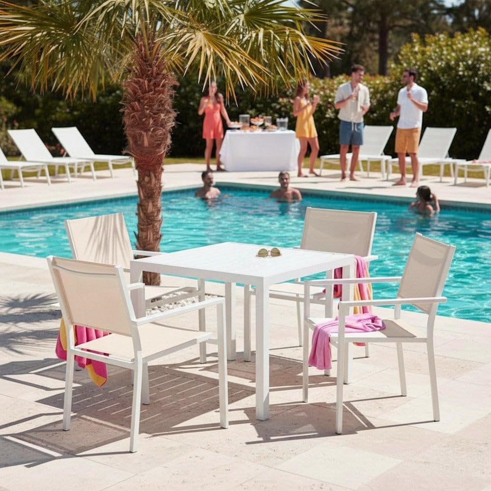 LOLAhome Set de 2 Sillas Thais de Aluminio Blanco y Textileno Beige, Elegantes, Apilables, Ligeras y Resistentes, Tratamiento anticorrosión para Exteriores, de 56x56x86 cm