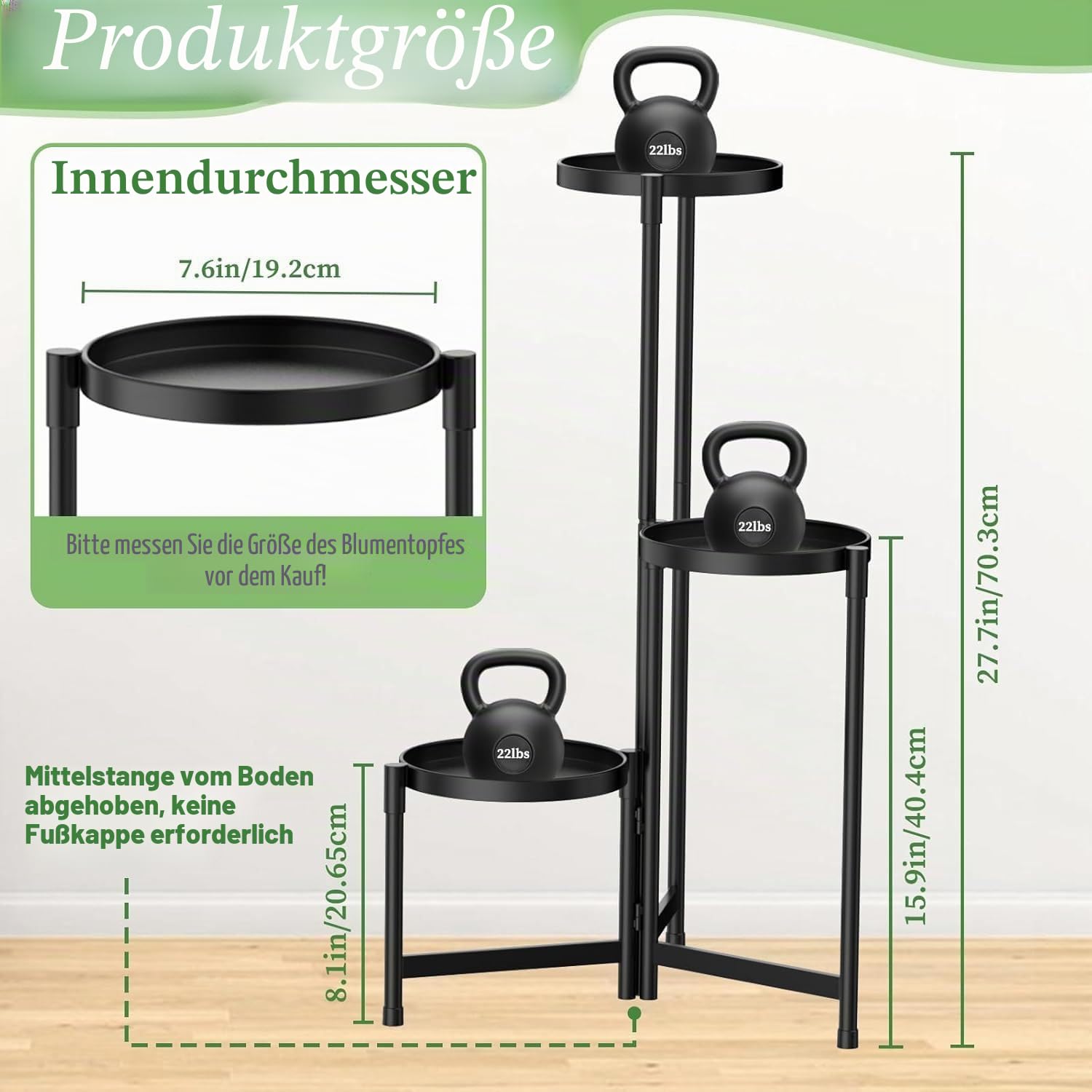 Blumenständer Metall mit 3 Ebenen, Pflanzenständer Metall mit 10 Zoll breiter Tablett, Platzsparender Blumenhocker für Zimmerecke, Wohnzimmer, Balkon, Terrasse, Hof (Schwarz)