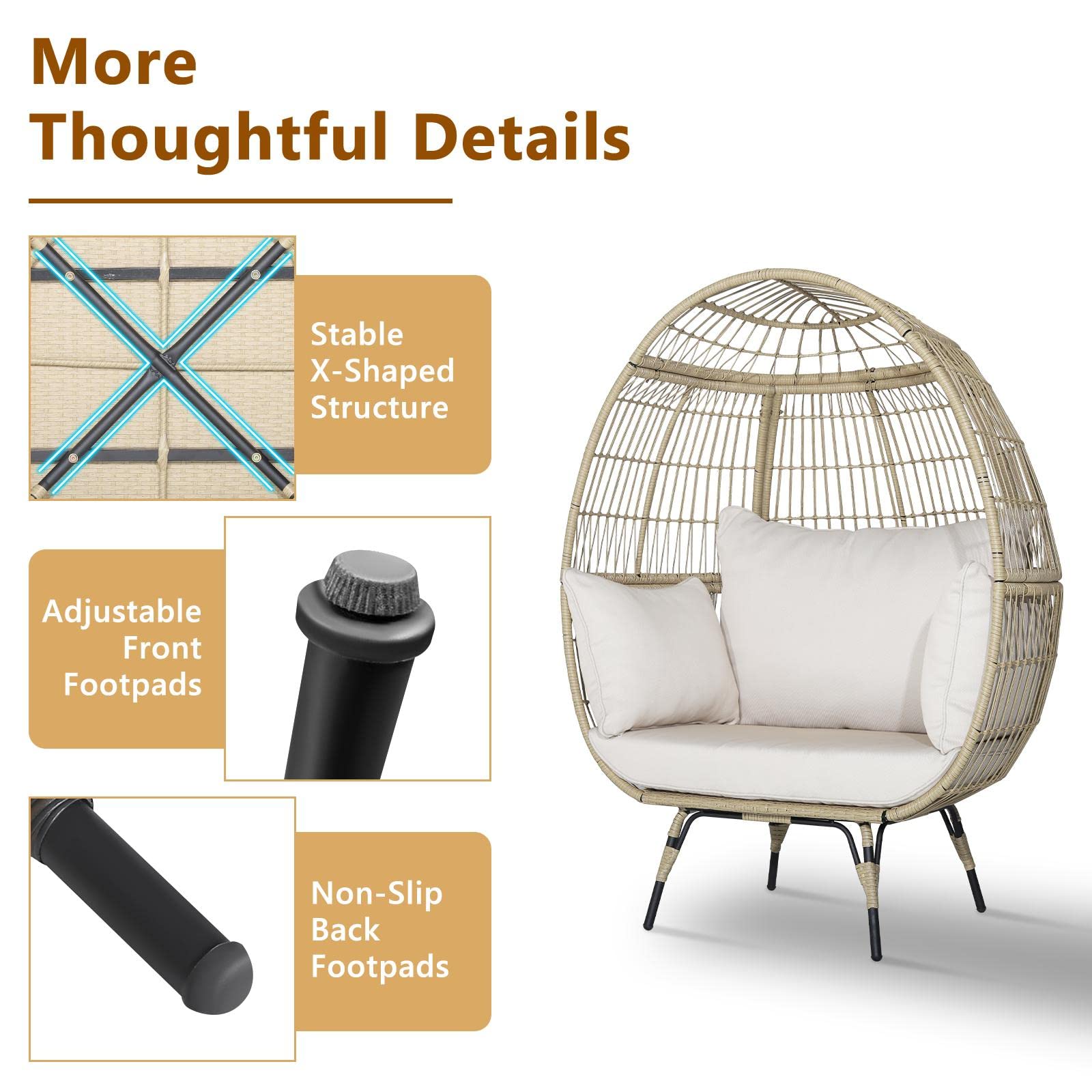 KOMFOTTEU Poltrona da Esterno in Rattan Boho Chic, Portata fino a 180 kg Poltrona da Giardino con Cuscini, Sedia a Forma di Uovo con Struttura in Metallo, Divano per Soggiorno, Terrazza, Marrone
