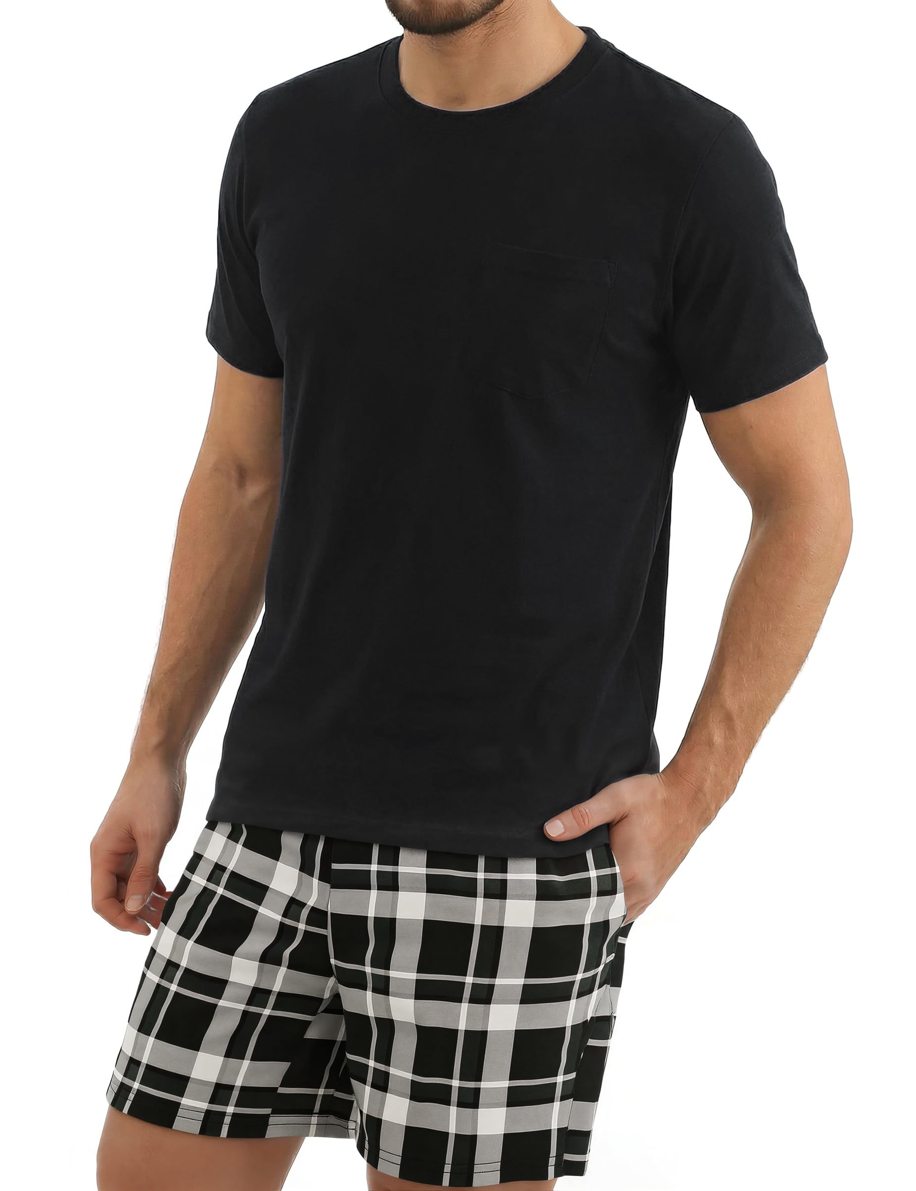 bresdk Men's Short Cotton Summer Pyjama Set with Short Sleeve Shirt & Checked Shorts Loungewear Sleepwear-picture-6