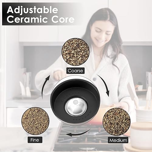 Vista 13 de Vzaahu Juego de molinillo de sal y pimienta marrón, pequeños agitadores recargables, grosor ajustable, rebabas de cerámica, molino de pimienta