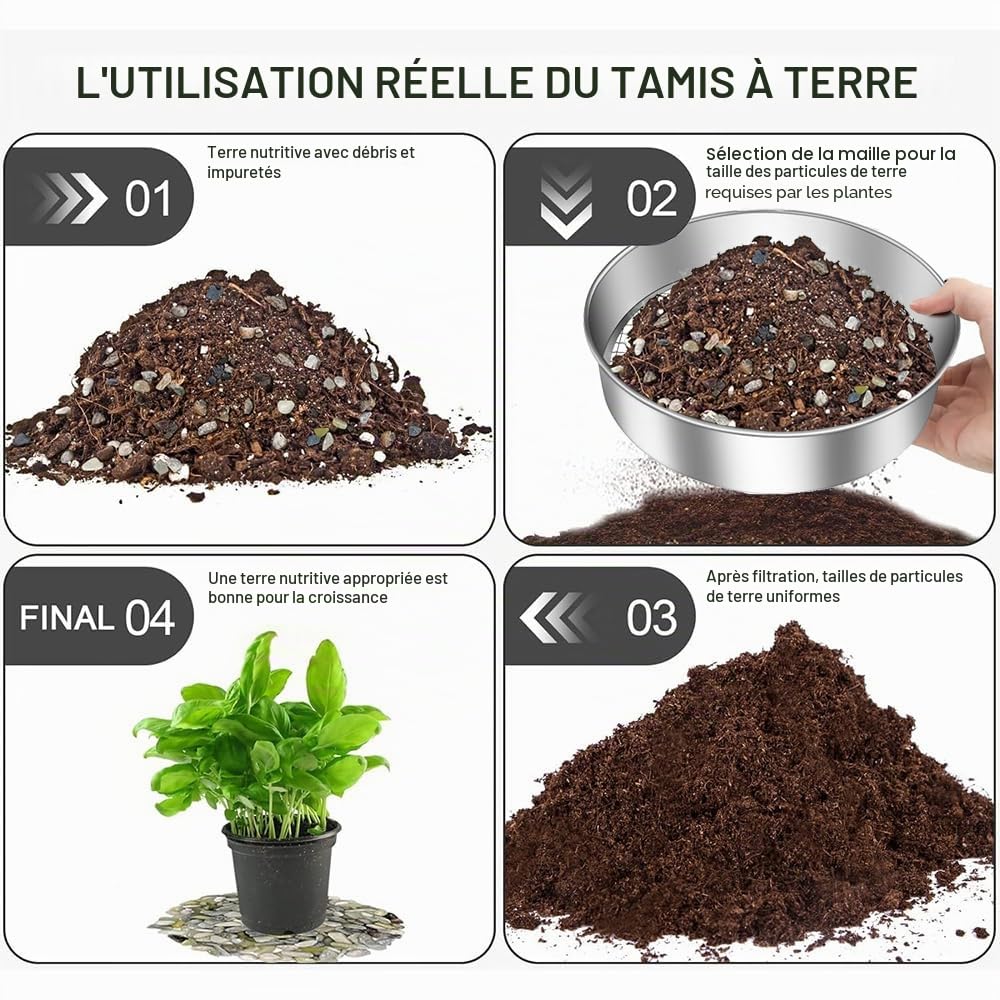 Tamis de Jardin en Acier Inoxydable,5 en1 Tamis Jardin Rond 30 cm,avec 5 Tamis Interchangeables Ø 3,6,9,10,12 mm,Tamis de Jardin Rond,Tamis à Compost pour Terre, Compost, Semences