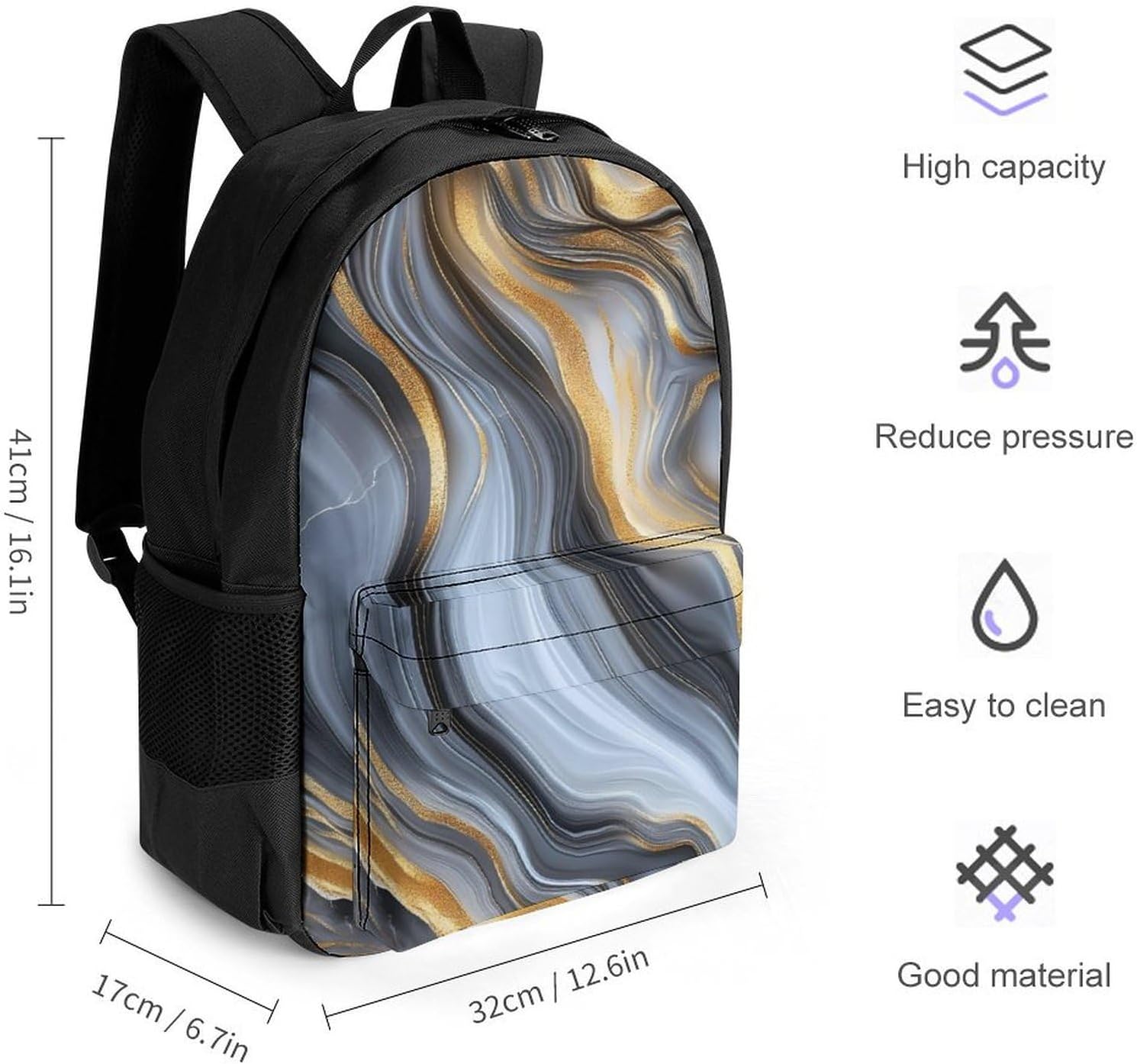 Gold And Black Agate Print Travel Backpack Casual Daypack Shoulder Bag with Adjustable Shoulder Straps for Men Women
