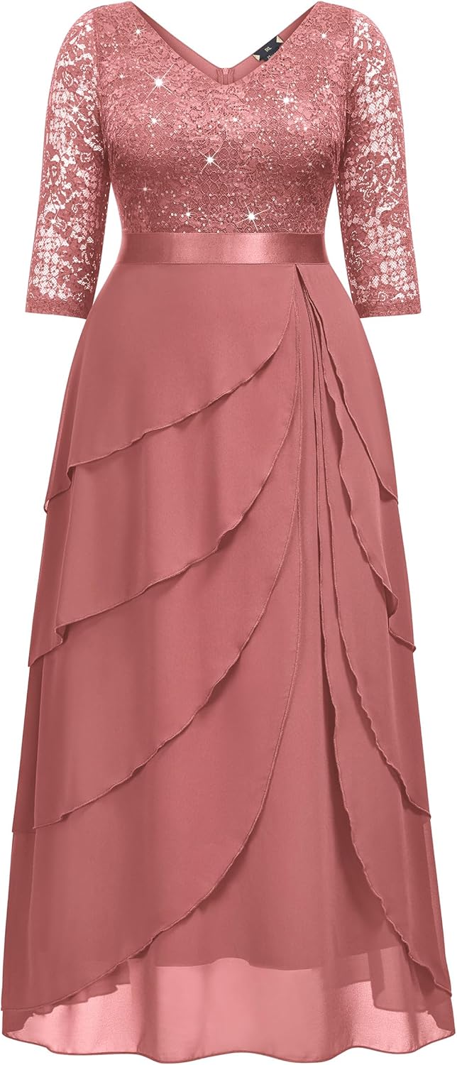 MISSMAY Women's Plus Size Sequins Lace Ruffle Tiered Layered Chiffon Formal Maxi Dress - Image 5