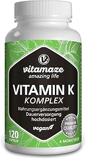 Vitamin K Komplex hochdosiert & vegan, K1 1.000 mcg + K2 Menaquinon (1.000 mcg MK4 + 200 mcg MK7), 120 Kapseln für 4 Monate, beste Bioverfügbarkeit, Made in Germany
