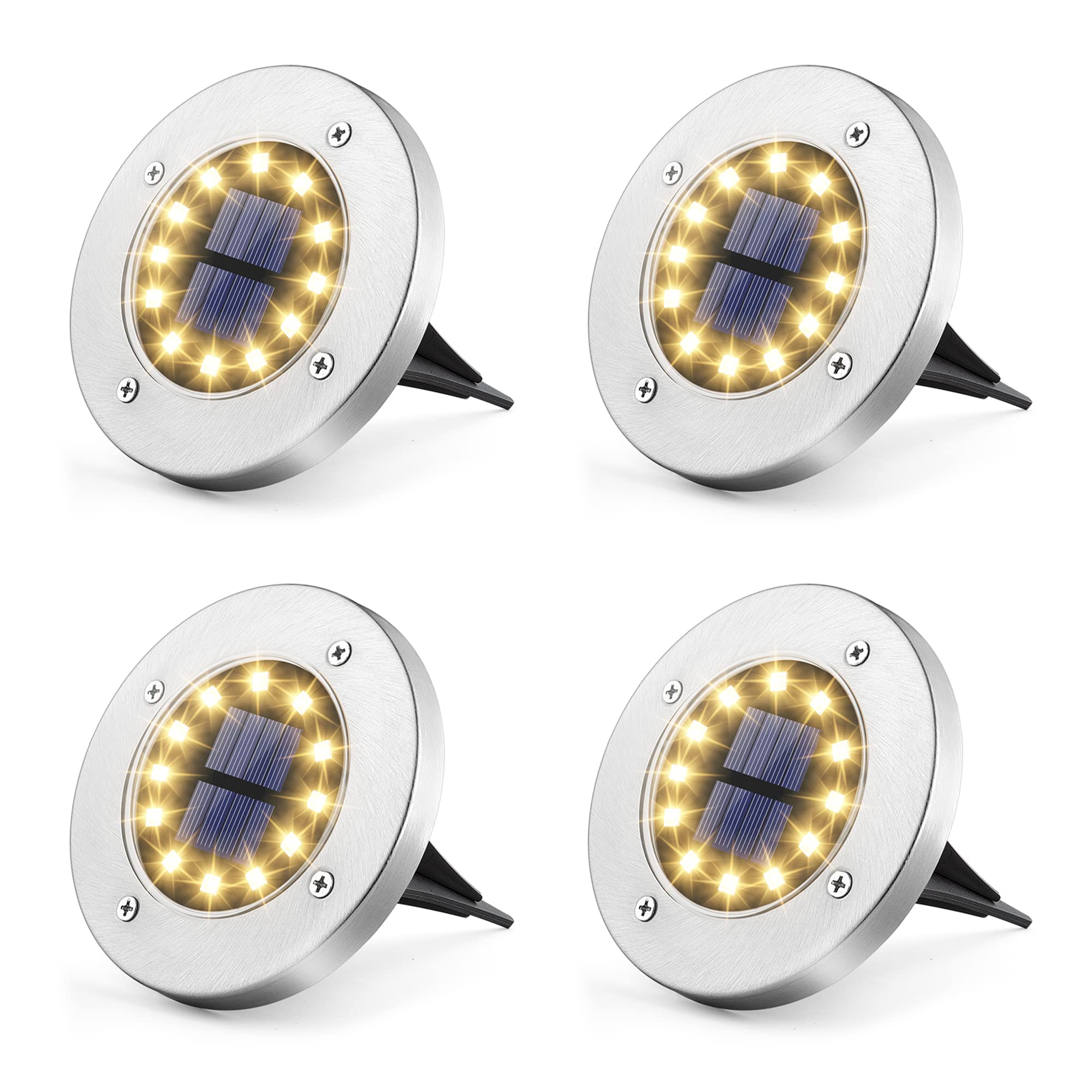 Solpex Luces Solares para Jardín 12 LEDs 4 Piezas, Luces de Jardín Blanco Cálido Acero Inoxidable Impermeable para Exteriores, Jardín, Patio, Césped, Pasarela