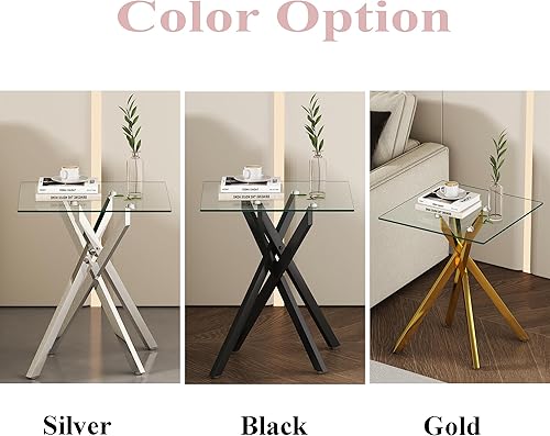 Miniatura 6 de Mesa auxiliar moderna de cristal, mesa auxiliar cuadrada para sofá, mesa auxiliar con parte superior de vidrio templado transparente y patas
