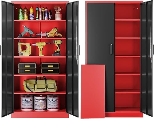 Miniatura 10 de Armario de almacenamiento de metal, armario de almacenamiento de garaje con puertas de bloqueo y estantes ajustables para garaje, hogar, oficina y