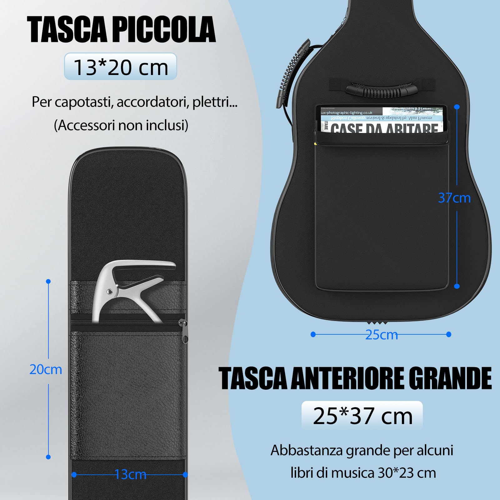 GLEAM Custodia per Chitarra Acustica - Imbottitura da 0,9 cm, per Chitarre da 99-104 cm, Impermeabile, Nera con Anello per Appendino, Borsa per chitarra acustica