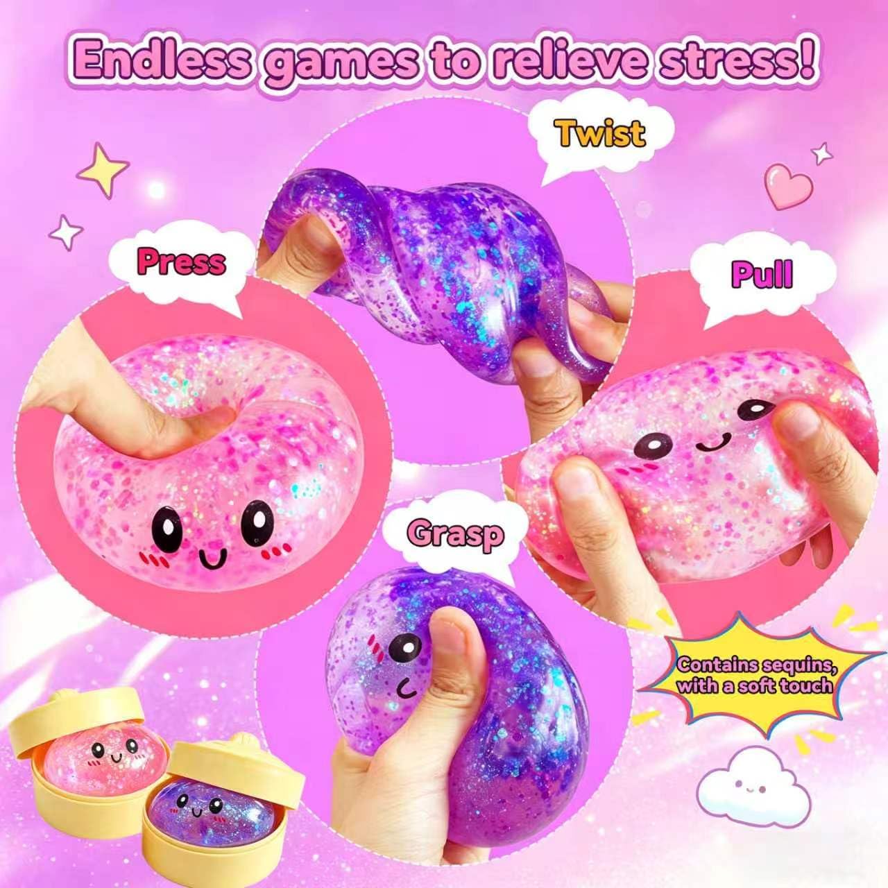 2 Packs Sugar Glitter Dumpling Squishy Toys, Dumplings Squeeze Stress Anxiety Relief for Kids & Adults, Dumpling Squishies Sensory Fidget Toy Gift for Boys,Girls,Teens