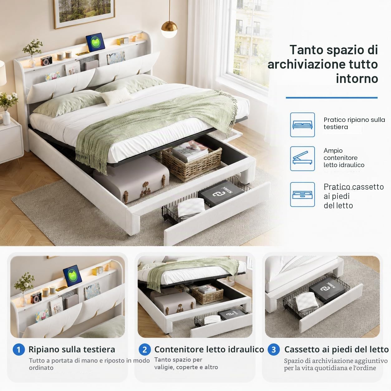 CDQL Letto matrimoniale 160 x 200 cm con vano contenitore pneumatico, Letto contenitore con 1 cassetto, porta USB e luci LED, rivestito in velluto beige