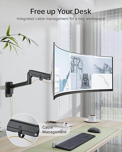 Miniatura 6 de monTEK Soporte de pared para monitor único de 17 a 49 pulgadas para pantalla ultraancha de hasta 44 libras, brazo de monitor de aluminio resistente