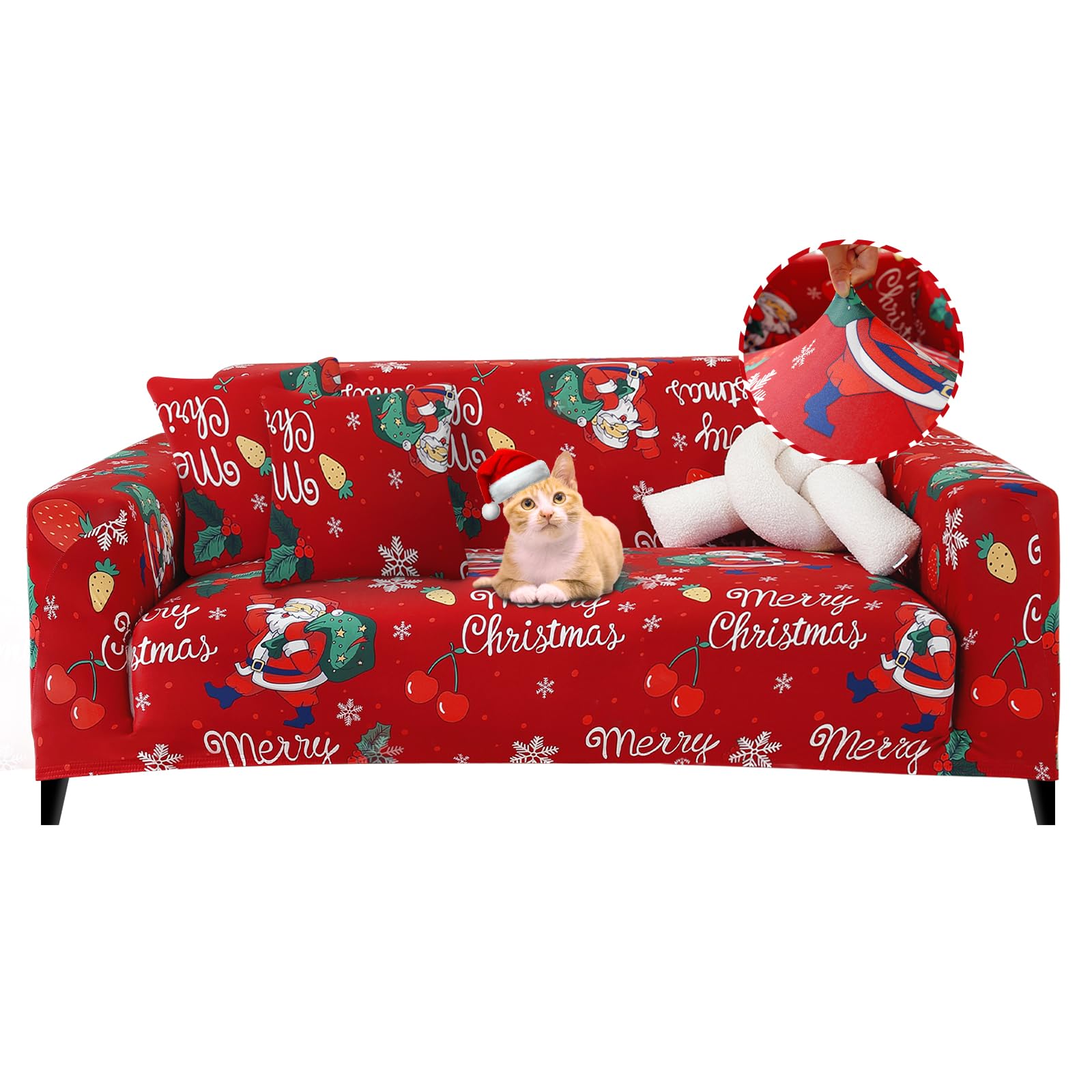 Jaotto Funda para Sofa 3 Plazas Funda Cubre Sofa Ajustable Fundas de Sofá Elasticas Extraíbles Lavables Antideslizante Protector Cubiertas de Sofá con Brazos de Sala de Estar,Navidad de Cerezas