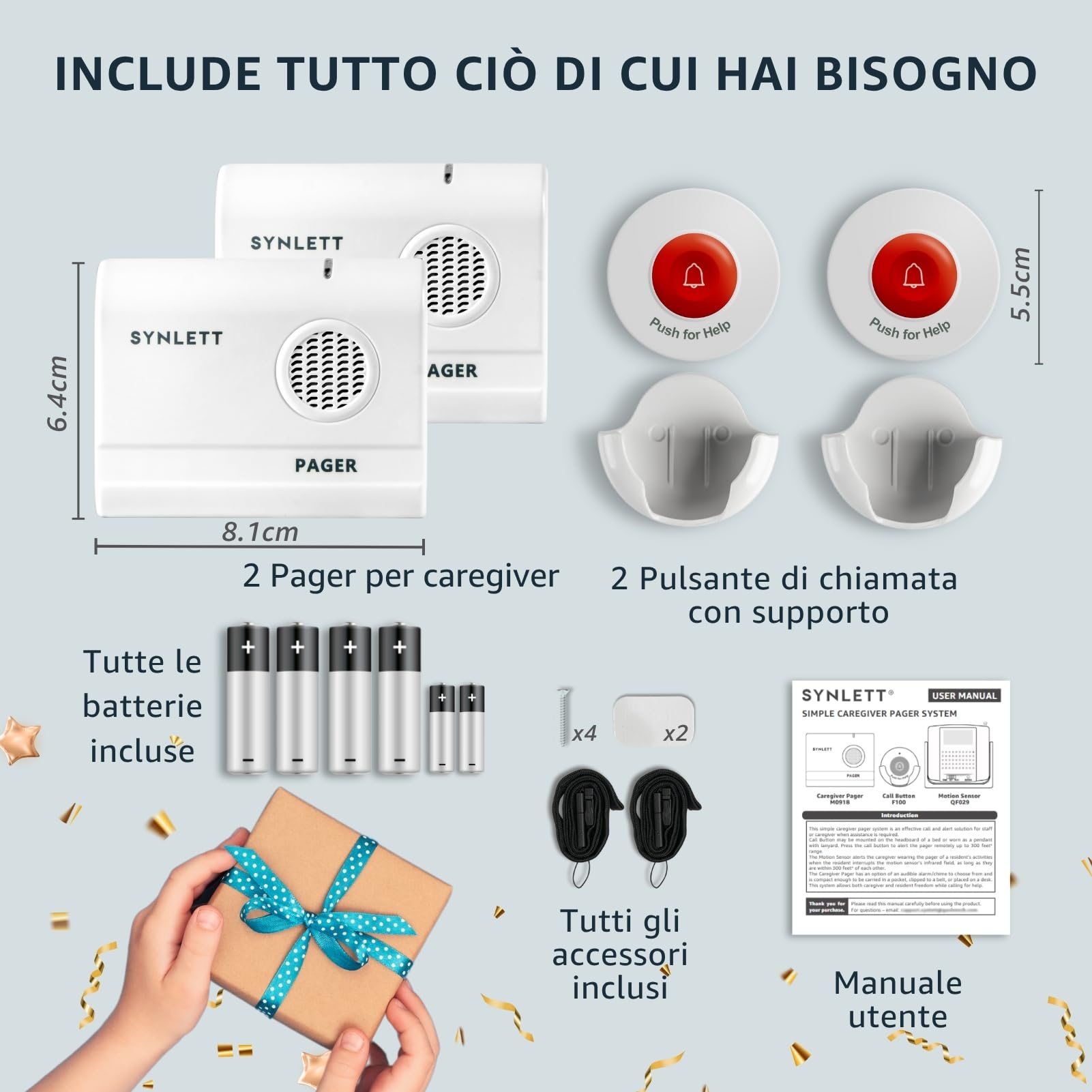 Cercapersone Wireless con 2 Pager e 2 Pulsanti SOS – Sistema di Allarme Portatile per Caregiver, Chiamata Infermieristica, Pazienti, Case di Cura ed Emergenze a Casa