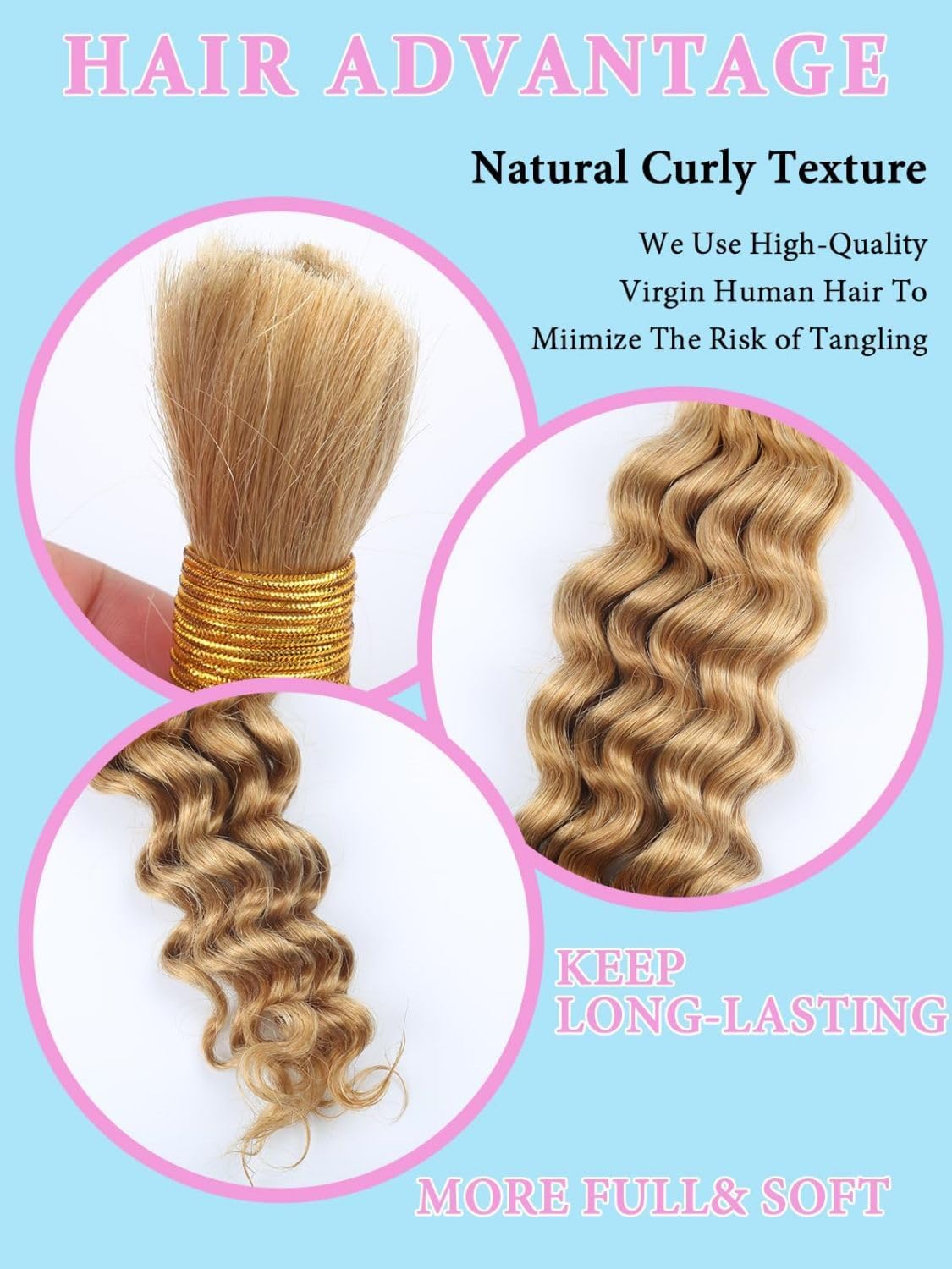 Sexycat Deep Curly Human Braiding Hair for Boho Braids 2 Bundles 16 Inch 100g,#27 Honey Blonde Water Wave Bulk Human Hair for Micro Braiding Wet and Wavy Human Hair Extensions - Image 4