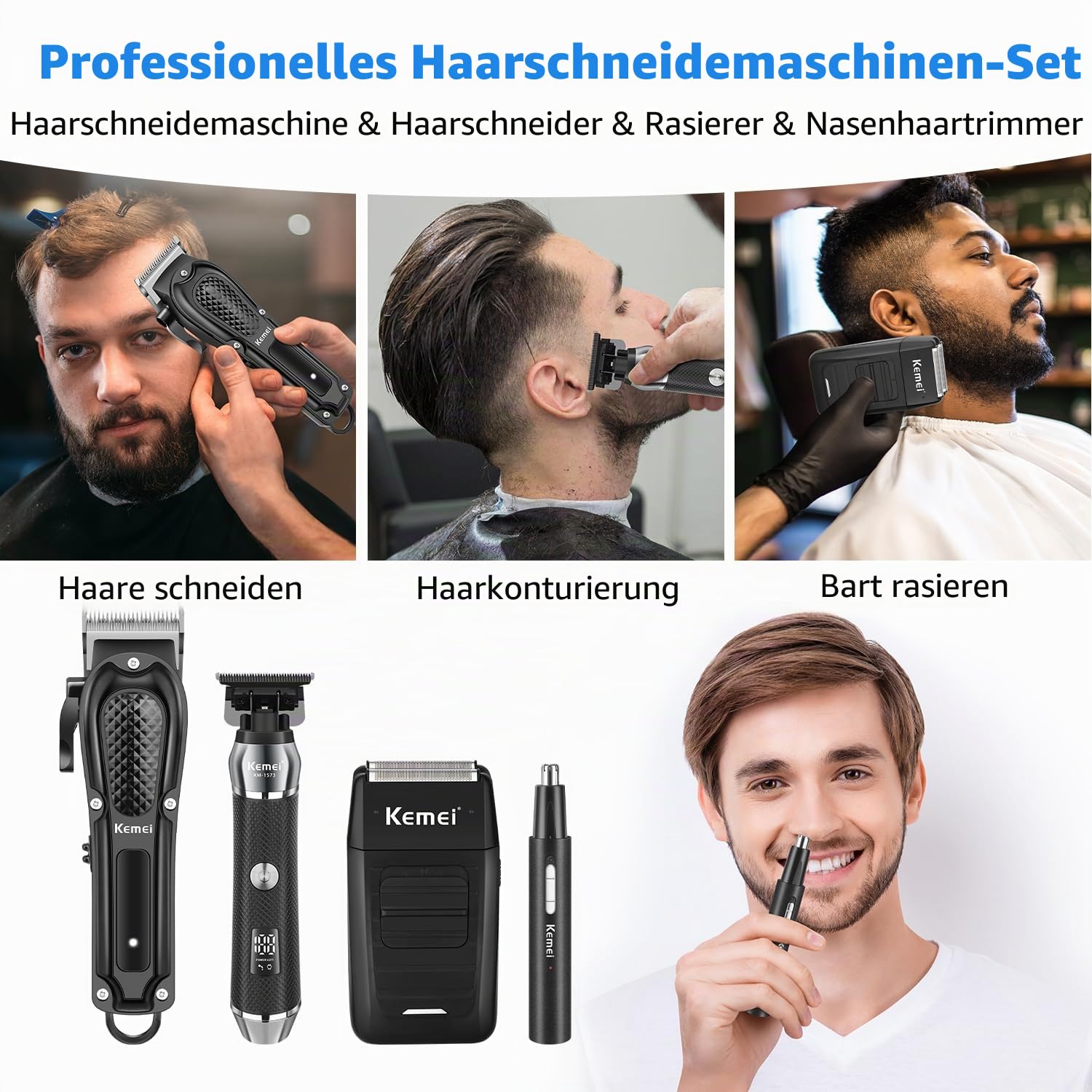 KEMEI Professionelle Haarschneidemaschinen für Männer, Schnurloser Barber Clipper Bartschneider Folienrasierer Nase Augenbrauen Ohrschneider Set, USB-Aufladung Elektrisches Haarschneiden Full Kit