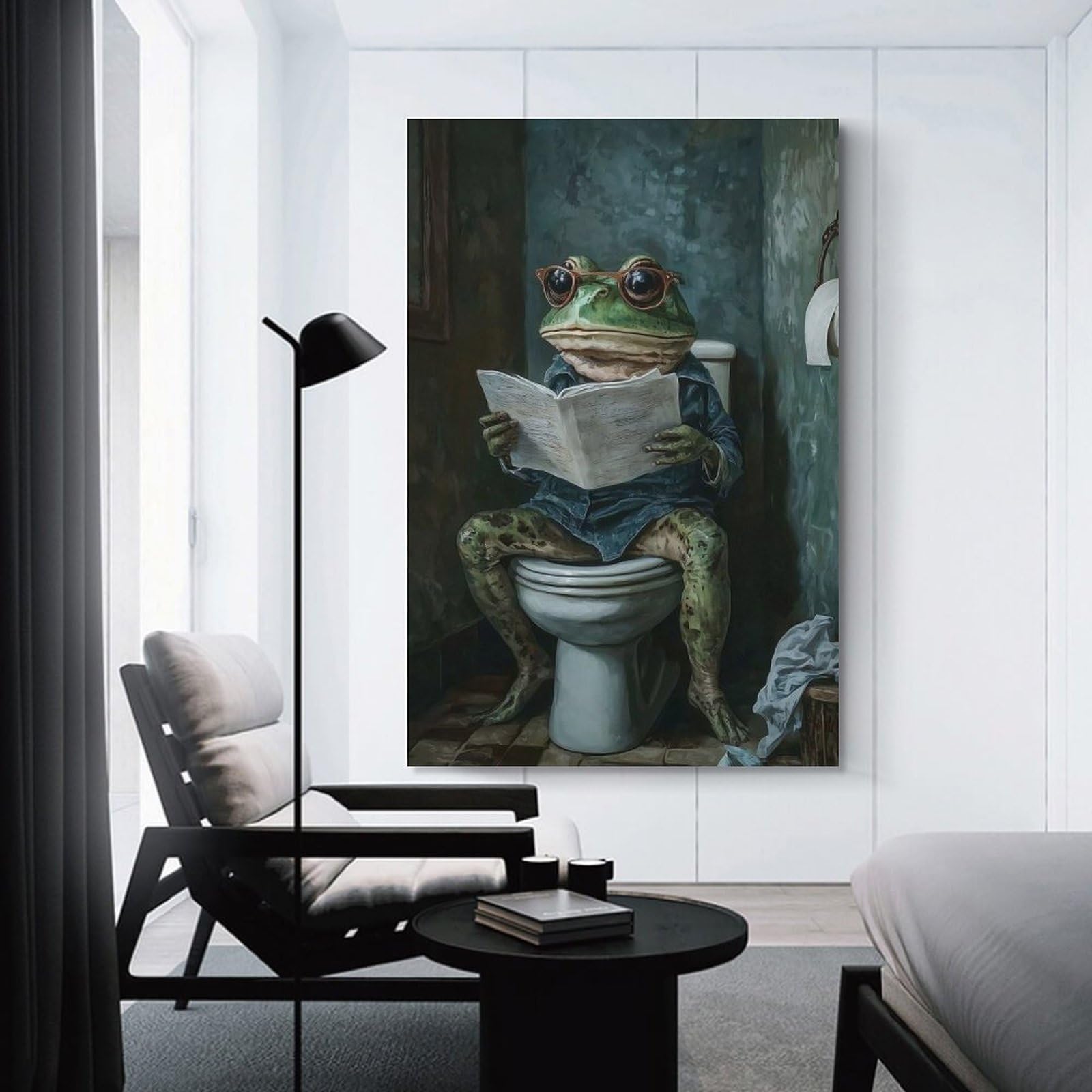 Junmoney Unframe-Style-13 Frog Toilet Newspaper Decorative Wall Artwork, 20X30inch(50X75cm), For Home Lounge, Bedroom Or Reading Nook, Eye Catching Artwork For Blank Walls