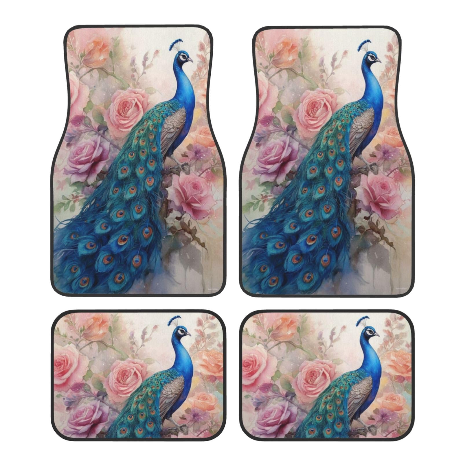 Peacock with Roses Universal Front Rear Car Floor Mats for Truck SUV Van Sedans Automotive Liners Decorative Mats