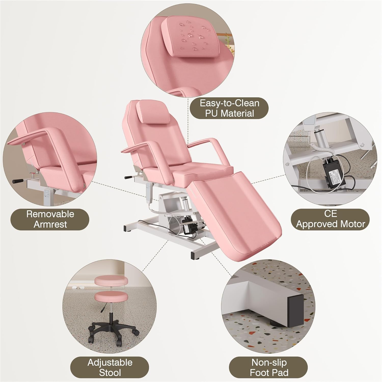 Electric Facial Bed for Esthetician, Tattoo Chair for Client Spa Massage Chair with Hydraulic Stool, 3 Section Esthetician Bed for Home Spa Beauty (Pink)