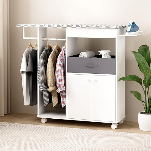 Tabla de planchar con ruedas con armario de almacenamiento, armario de tabla de planchar de madera con cajón, mesa de planchar compacta que ahorra