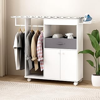 Rolling Ironing Board with Storage Cabinet, Wooden Ironing Board Cabinet with Drawer, Compact Space-Saving Ironing Table with Iron Rest Rack for Laundry Room, Living Room (One Size, Geometric)