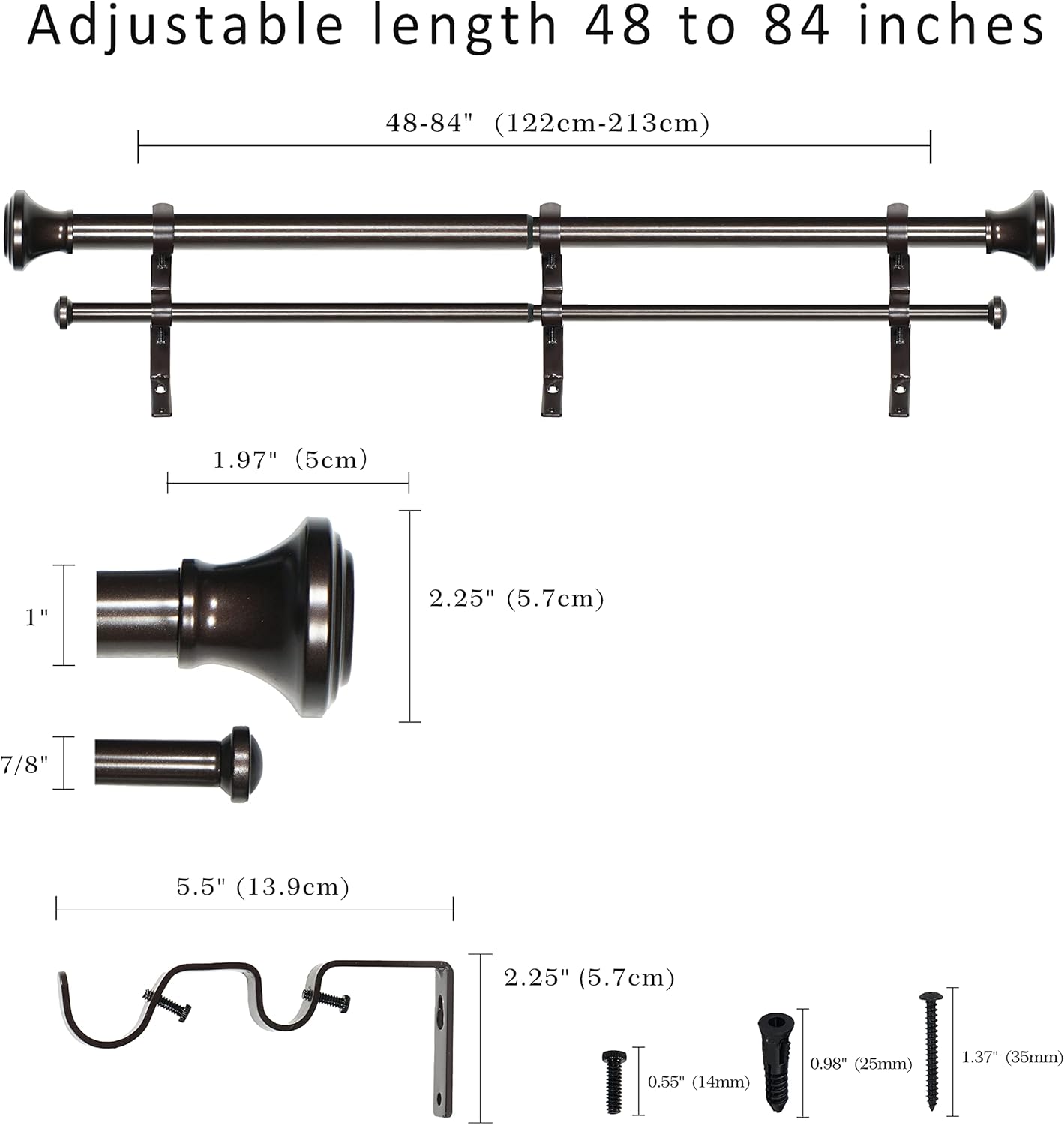 1" Double Curtain Rod with Trumpet Finials (Oil-Rubbed Bronze, 48''-84'')
