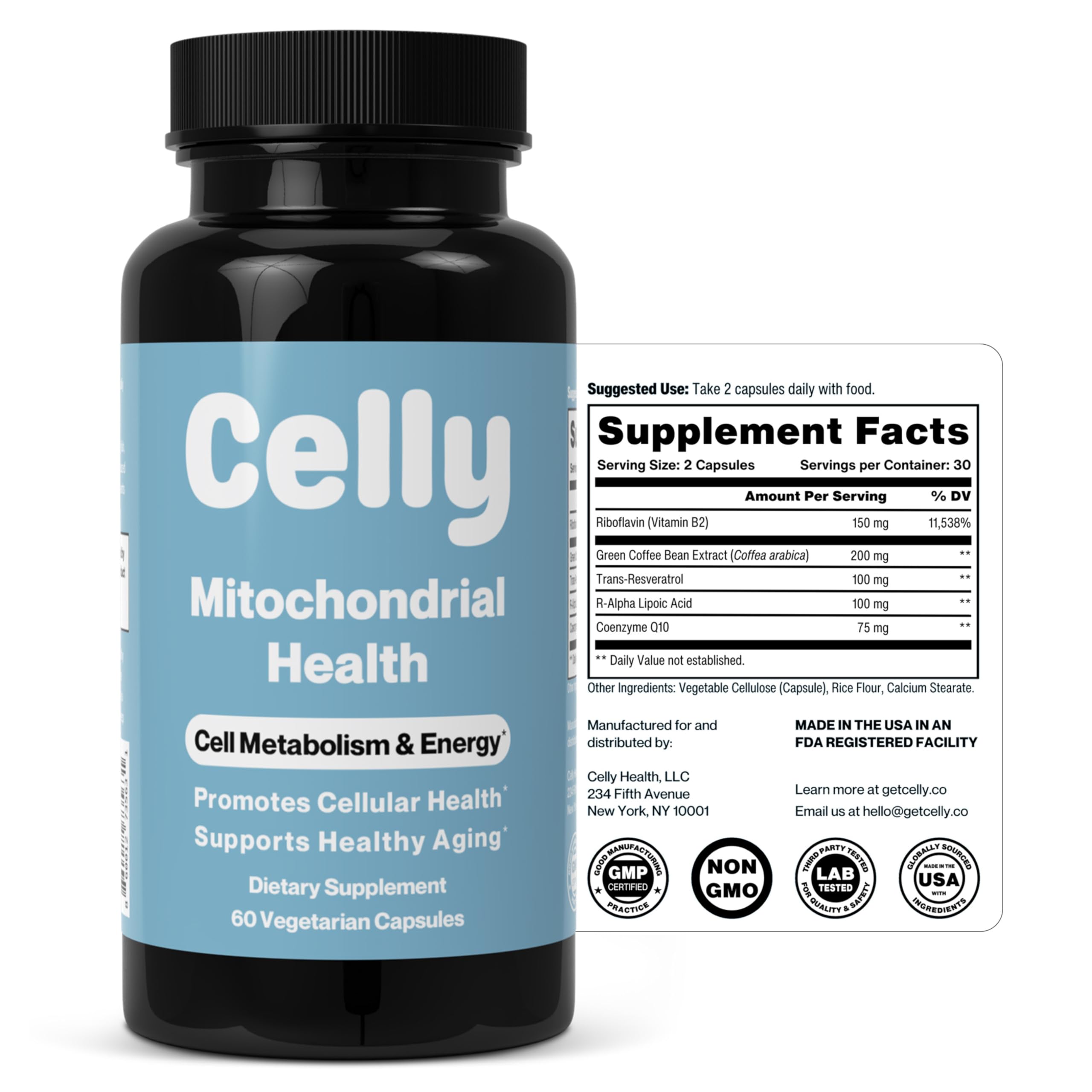 Celly Mitochondrial Health | Longevity Supplement for Cellular Nutrition and Healthy Aging | Promotes Mitochondria ATP Energy with CoQ10, Resveratrol & Green Coffee | Made in USA & 3rd Party Tested — Amazon image 7
