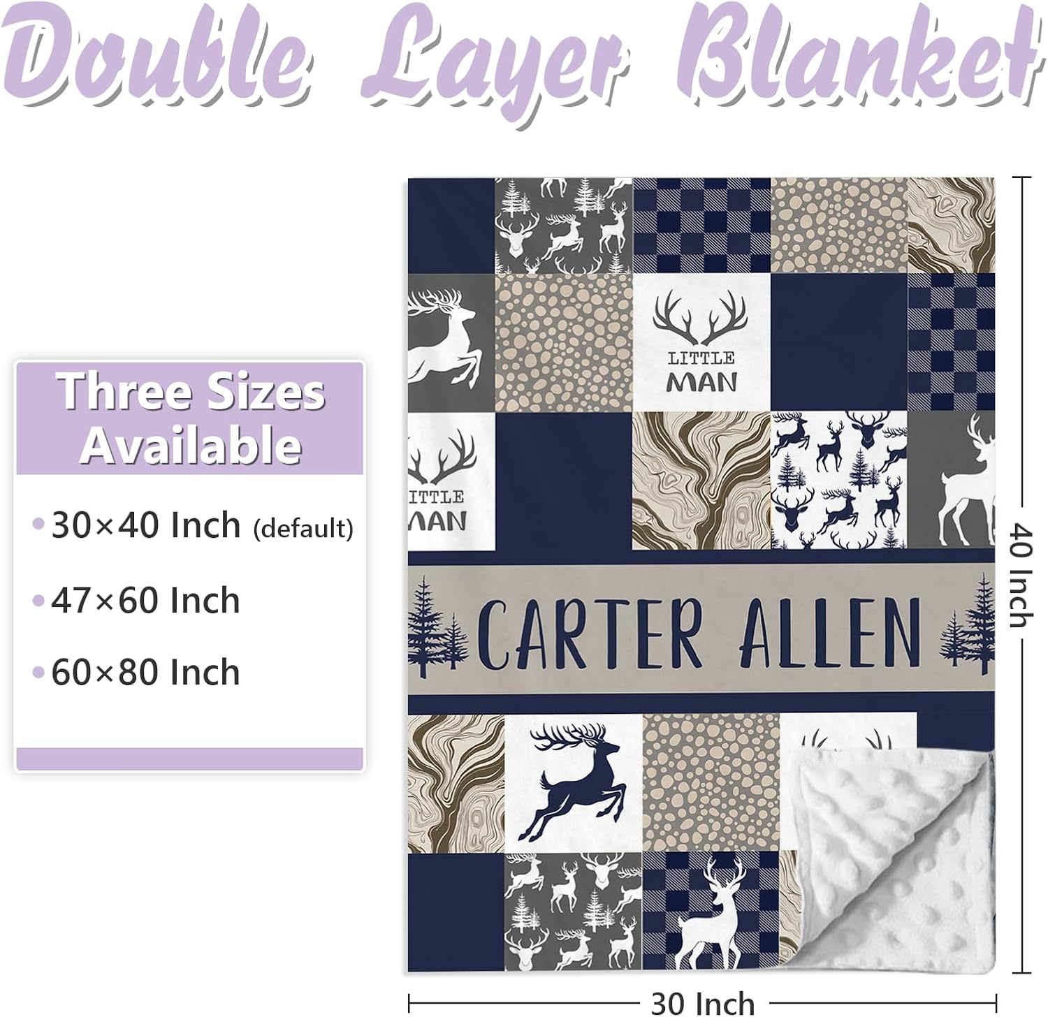 Custom Baby Girl Crib Bedding Set 3 Pcs, Mini Navy Woodland Crib Bedding Set for Boys, Ultra Soft Double Layer Blanket & Girl Crib Sheets, Personalized Gift for Newborn Infant Toddler Nursery