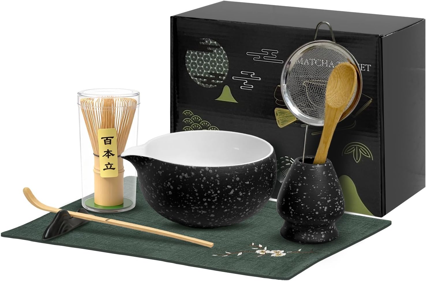 8PCS Matcha Whisk Set, Japanese Matcha Tea Set with Ceramic Matcha Bowl and Bamboo Whisk, Scoop, Ceramic Bowl, Whisk Holder, Scoop Rest, Stainless Sifter, Tea Mat for Matcha Lovers